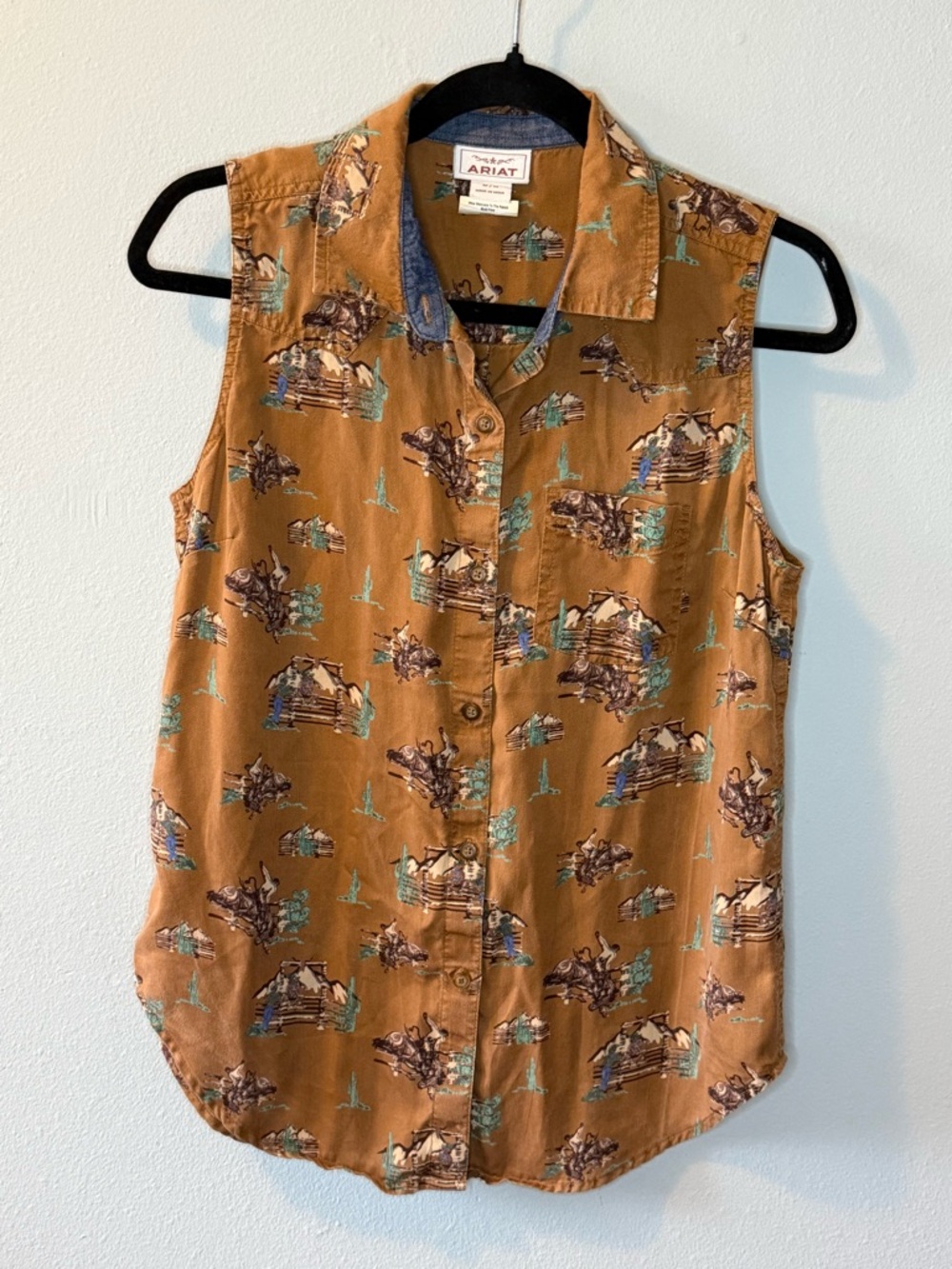Ariat Sleeveless Western Print Button-Front Top - Rust Brown with Teal Accents